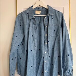 Sezane Blue Button Down Shirt with Heart Pattern
